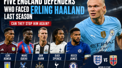 Erling Haaland alongside England defenders Ezri Konsa, Marc Guehi, Dan Burn, Djed Spence and Reece James before the World Cup quarter-final against Norway.