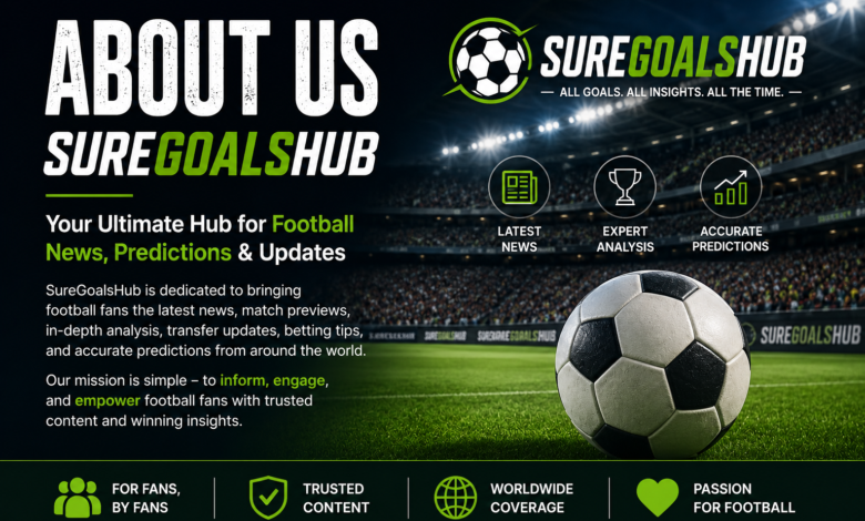 About Us banner for SureGoalsHub featuring a football stadium, soccer ball, and branding for football news, match previews, expert analysis, transfer updates, and betting predictions.