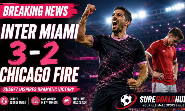 Luis Suárez celebrates after scoring for Inter Miami against Chicago Fire in an MLS match.